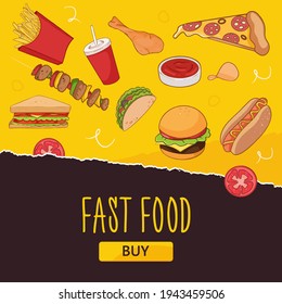 Bright yellow fast food banner template. Burger, hot dogs, pizza, etc. For cafe menus and social media sales.