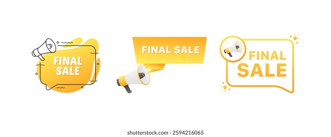 Bright yellow final sale banners with megaphones for retail promotions. Vector icon