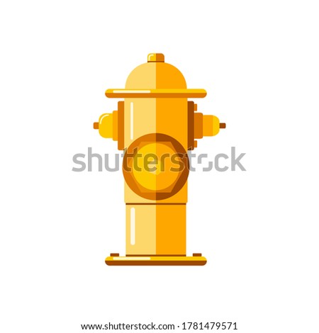 Bright yellow fire hydrant icon, isolated on white background. Used by firefighters for extinguishing flames. Metal water pipe with nozzles for hose. Vector stock illustration in flat style.