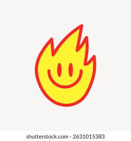 Bright yellow flame with a smiling face outlined in red. The flame has a cheerful expression, combining fire and happiness in a playful design. Cute doodle vector.