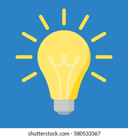 Bright yellow flat bulb with light isolated on blue background