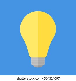 Bright yellow flat light bulb isolated on blue background