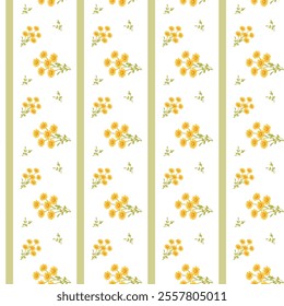 Bright yellow floral pattern with green stripes on white background.