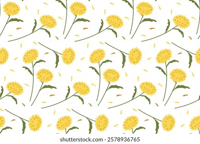 Bright yellow floral pattern with green leaves on a white background for textile design