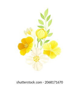 Bright Yellow Flower Bouquet with Delicate Blossom and Green Twig Vector Composition
