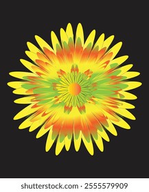 A bright yellow flower with orange accents, featuring glowing textures and layered patterns on a black background.