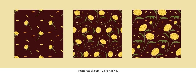 Bright yellow flowers create a vibrant pattern against a rich brown background