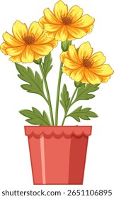 Flores amarelas brilhantes com folhas verdes exuberantes em um pote de terracota. Estilo de vetor nítido com cores vivas e linhas limpas
