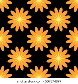 Bright yellow flowers. yellow stars. Seamless pattern. Black background.