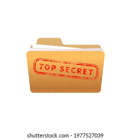 Bright yellow folder with documents and red top secret stamp isolated on white