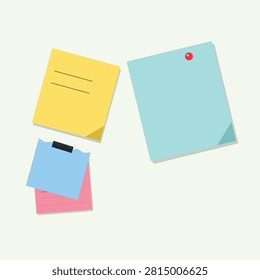 Bright yellow folder with lines, turquoise sticky note with red pin, and blue and pink sticky notes stacked together.