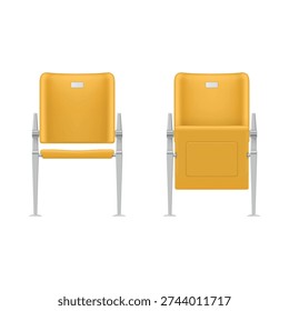 Bright yellow folding chairs, designed for use in stadiums and assembly halls, for assembly and seating.