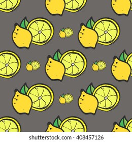 Bright yellow fresh lemon seamless pattern on a grey background. 