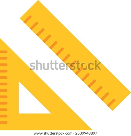 Bright yellow geometric rulers arranged in a cross shape, isolated. Includes right angle, ruler, and set square. Architecture, mathematics, and geometry materials.