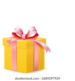 Bright yellow gift box with pink ribbon and bow on white background, smooth and glossy style.