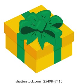 bright yellow gift box wrapped with a green ribbon and topped with a large decorative bow, symbolizing celebration, giving, and festive occasions.