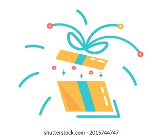 Bright yellow gift in a flat style. Colorful souvenir on a transparent background. Opened gift box, Fancy surprise. A special holiday is birthday, Christmas, New Year. Isolated vector illustrations.