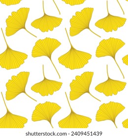 Bright yellow ginkgo plant seamless pattern. Ginkgo biloba tree leaf outlines, silhouettes, vector illustration. Floral autumn repeat pattern textile design, wallpaper.