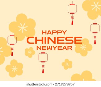 Eine hellgelbe Grafik, gefüllt mit großen orangefarbenen Blütensilhouetten und hängenden traditionellen Papierlaternen. Der hohe Kontrast und die sonnigen Farben bilden eine fröhliche Kulisse für die Happy Chinese New Year Message