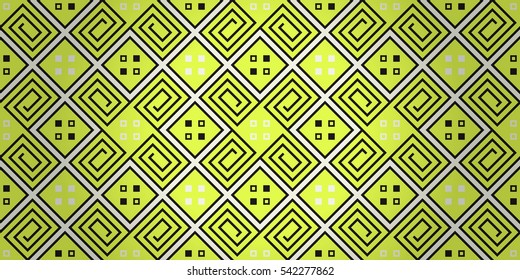 Bright yellow green geometrical seamless pattern in tribal style. Colored, symmetric design for fabric, packing-paper, game or other purpose. Plain tessellated repeatable backdrop.