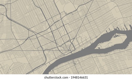 Bright yellow and grey vector background map, Detroit city area streets and water cartography illustration. Widescreen proportion, digital flat design streetmap.