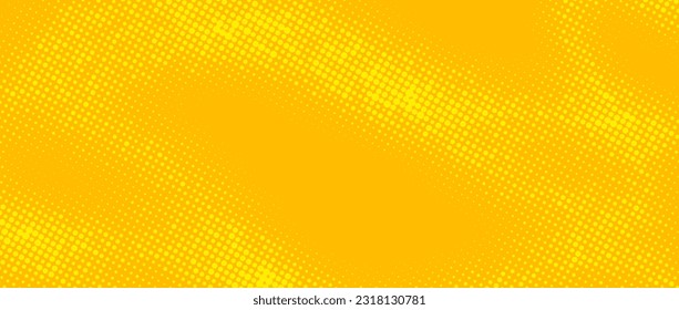 Bright yellow halftone background. Retro comic grain texture. Pixelated dots cartoon wallpaper. Pop art fading wavy gradient pattern. Vector backdrop.