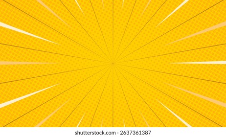 Bright yellow halftone comic background with fast lines. Vector illustration. Suitable for comics, prints, posters, etc.