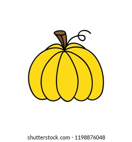 Bright yellow hand drawn cute pumpkin vector illustration. Halloween or thanksgiving, autumn colorful pumpkin, isolated.