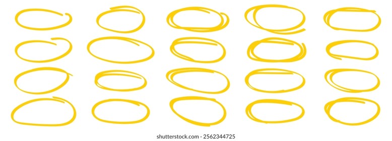 Bright Yellow Hand-Drawn Circle Highlights. Hand drawn oval lines isolated on white background.