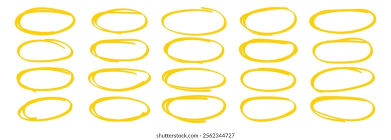 Bright Yellow Hand-Drawn Circle Highlights. Hand drawn oval lines isolated on white background.