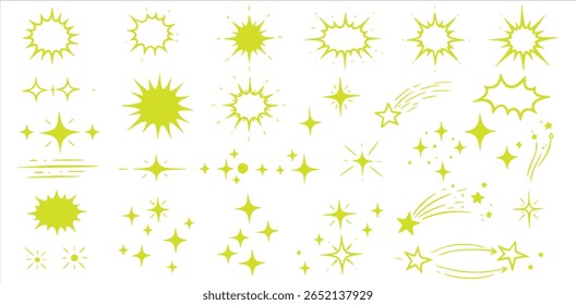 Bright yellow hand-drawn explosion and spark elements – abstract vector burst icons for comic action, energy highlights, or cartoon power design effects

