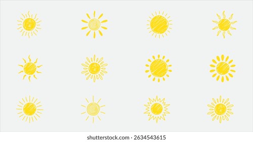 Brilhante amarelo desenhado à mão Ícones do sol no fundo branco: Alegria de verão e conjunto de vetor de energia solar para design criativo, vibrações otimistas e ilustrações de crianças