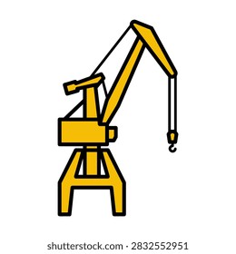 A bright yellow harbor crane is outlined in this illustration. It features a prominent boom and hook.