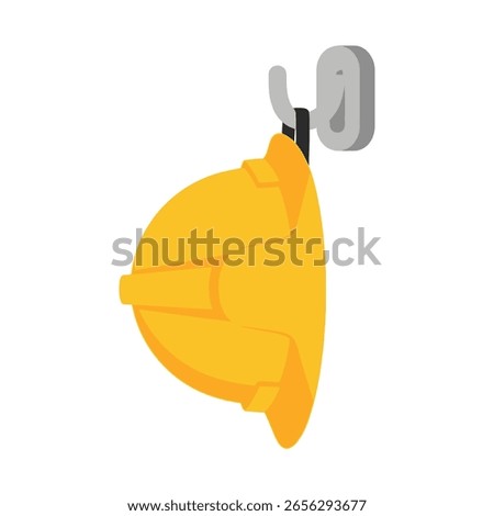 Bright yellow hard hat, a protective safety helmet, hanging on a grey wall hook, essential personal protective equipment for construction.