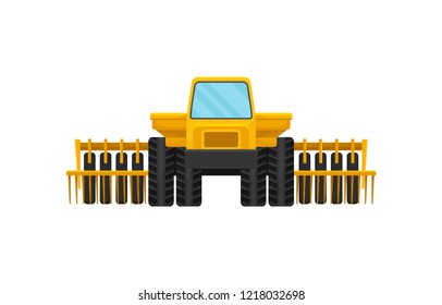 Bright yellow harvester, front view. Heavy agricultural machinery. Farm equipment for work on fields. Flat vector icon