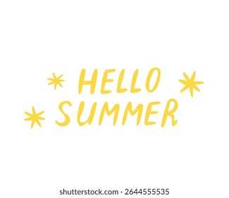 Bright yellow "HELLO SUMMER" handwritten text with star accents – cheerful seasonal design perfect for summer events, promotions, and sunny-themed projects.