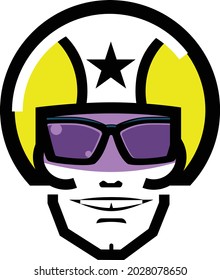 Bright yellow helmet daredevil with gap-tooth smile, purple shield