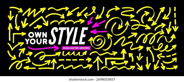 Flechas de marcador de resaltado amarillo brillante para enfatizar el diseño del texto. Colección de Vector dibujado a mano de flechas onduladas, rectas y punteadas. Doodle conjunto de líneas de marcador y Formas para las notas dibujadas a mano.