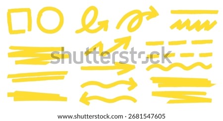 Bright yellow highlight strokes with marker textures - arrows and underlines, circles, squares and wavy lines on white bg. Hand drawn emphasis elements for annotations, notes or digital design accents