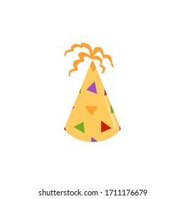 Bright yellow holiday cap or hat cartoon icon, flat vector illustration isolated on white background. Birthday party and festivity symbol or print design.
