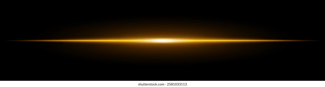 Bright yellow horizontal light beam on a black background. Glowing laser effect creating a futuristic and sci-fi aesthetic. Suitable for technology, energy, speed, and digital design themes