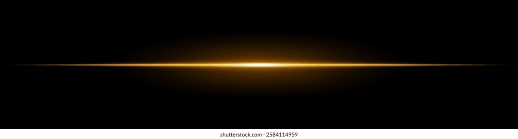 Bright yellow horizontal light beam on a black background. Glowing laser effect creating a futuristic and sci-fi aesthetic. Suitable for technology, energy, speed, and digital design themes