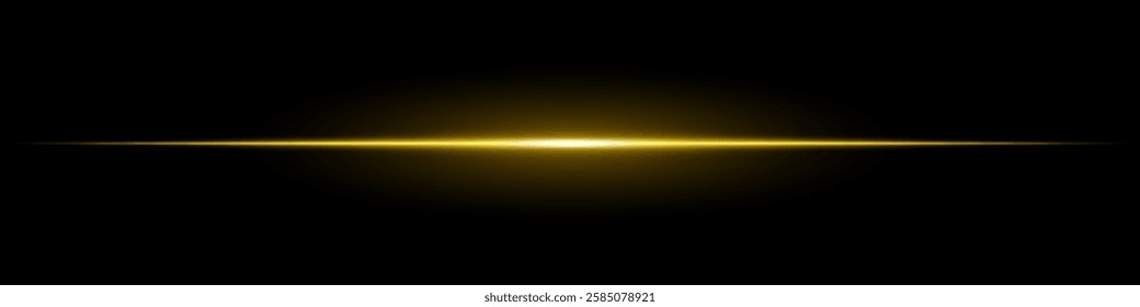 Bright yellow horizontal light beam on a black background. Glowing laser effect creating a futuristic and sci-fi aesthetic. Suitable for technology, energy, speed, and digital design themes