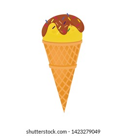 Bright yellow ice cream in a waffle cone covered with chocolate. Cartoon element for the menu
