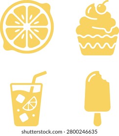 Bright yellow icons of a lemon, cupcake, drink with straw, and popsicle on a white background