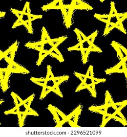 Bright yellow ink stars isolated on black background. Starry monochrome seamless pattern. Vector simple flat graphic hand drawn illustration. Texture.