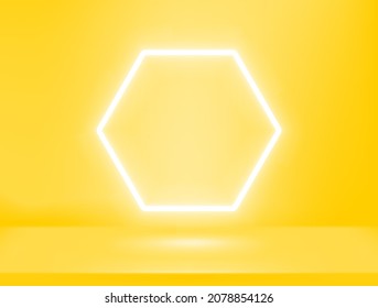 Bright yellow interior with neon glowing lamp. Realistic 3d style vector illustration 
