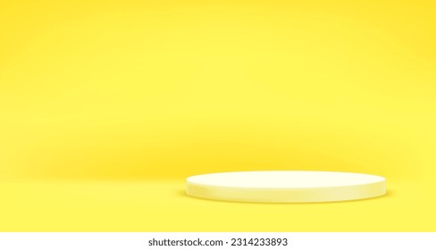 Hellgelbes Interieur mit weißem Podium.Horizontaler Banner mit Kopienraum