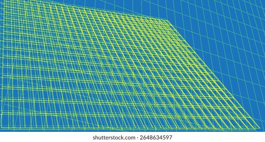 Bright yellow intersecting lines create a vibrant geometrical pattern on a blue background, evoking thoughts of futuristic concepts and dynamic visual designs.