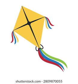 A bright yellow kite with multicolored tails flies high in a clear sky, evoking a sense of freedom and joy, perfect for recreational and leisure activities.